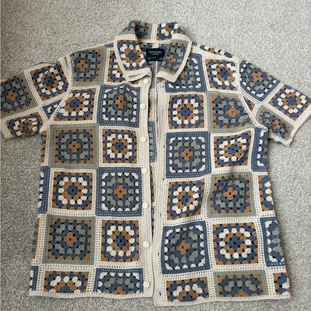 Abercrombie & Fitch Crochet Granny Square Top in Blue, Tan, Cream